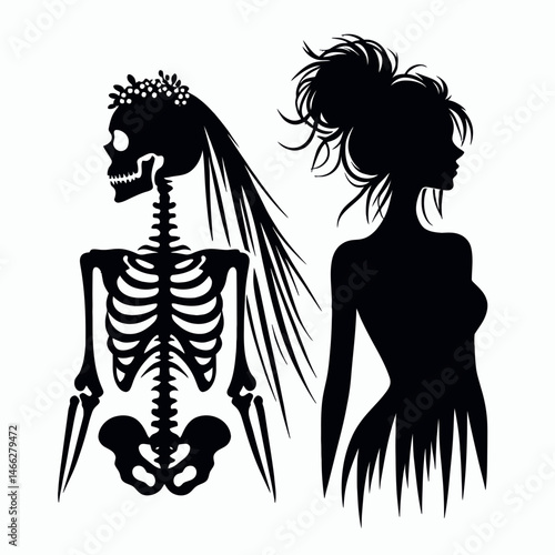 Female Skeleton with Messy Bun Bride and Groom. Clipart silhouette vector illustration. Skeletal woman disheveled chignon nuptial couple macabre romance.