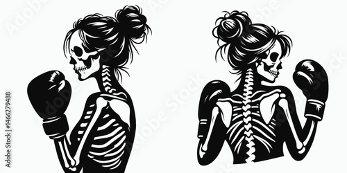 Female Skeleton with Messy Bun Boxing. Clipart silhouette vector illustration. Woman bones disheveled hairstyle engaging combat punch exercise.