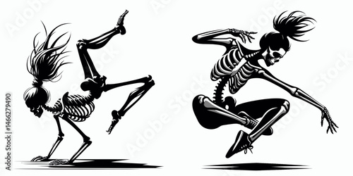 Female Skeleton with Messy Bun Breakdancing. Clipart silhouette vector illustration. Dancing bony woman disheveled chignon doing acrobatic hip-hop motion.