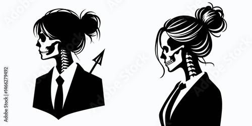 Female Skeleton with Messy Bun Businessman. Clipart silhouette vector illustration. Womans bony figure sporting coiffure in corporate attire executive type.