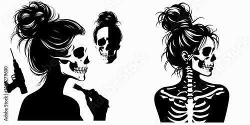 Female Skeleton with Messy Bun Construction Worker. Clipart silhouette vector illustration. Woman skeletal form disheveled hairdo building trade laborer image.