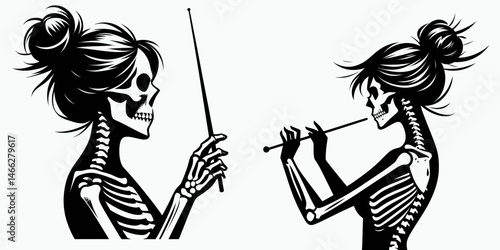 Female Skeleton with Messy Bun Conducting Orchestra. Clipart silhouette vector illustration. Skeletal woman disheveled hairdo leading musical ensemble baton.