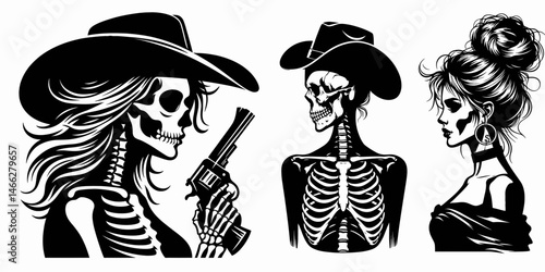 Female Skeleton with Messy Bun Cowboy. Clipart silhouette vector illustration. Feminine bony anatomy untidy chignon western rancher figure skull form.
