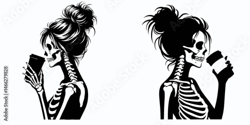 Female Skeleton with Messy Bun Drinking Coffee. Clipart silhouette vector illustration. Ladys skull figure undone hair sipping java a caffeine deadhead.