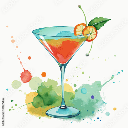 cocktail in martini glass, watercolor illustration