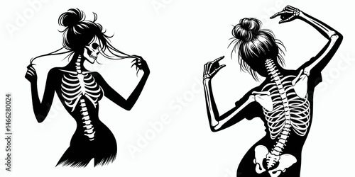 Female Skeleton with Messy Bun Flossing Dance. Clipart silhouette vector illustration. Bony woman doing hip hop jig hair knot Halloween fun.