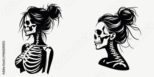 Female Skeleton with Messy Bun Floating. Clipart silhouette vector illustration. Lady skeletal form untidy chignon aloft drifting spectral halloween art.