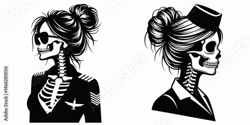 Female Skeleton with Messy Bun Flight Attendant. Clipart silhouette vector illustration. Womans skeletal figure untidy chignon air travel hostess dead aviation worker.