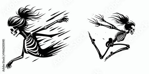 Female Skeleton with Messy Bun Flying. Clipart silhouette vector illustration. Womans bone structure sporting disheveled knot in mid-air airborne anatomy.