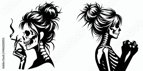 Female Skeleton with Messy Bun Gaming. Clipart silhouette vector illustration. Woman skull untidy hairstyle playing electronic entertainment activity.