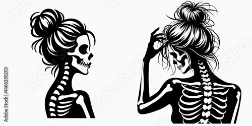 Female Skeleton with Messy Bun Halloween Trick or Treat. Clipart silhouette vector illustration. Lady bone visage disheveled hairstyle autumn festive candy gathering.
