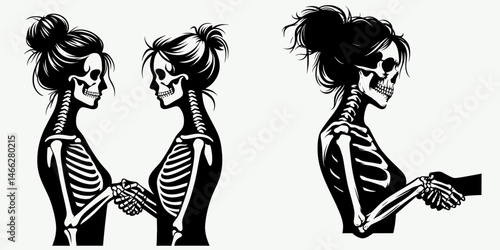 Female Skeleton with Messy Bun Handshake. Clipart silhouette vector illustration. Bone anatomy figure disheveled chignon greeting structure concept.
