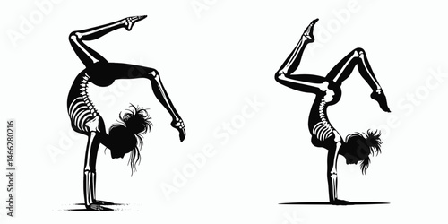 Female Skeleton with Messy Bun Handstand. Clipart silhouette vector illustration. Womans bony figure casual topknot inverted posture anatomy artwork.