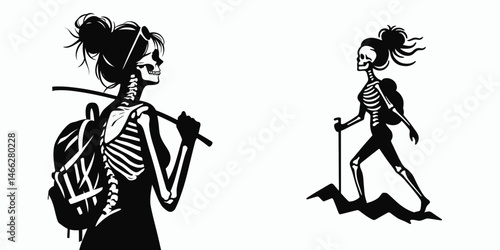 Female Skeleton with Messy Bun Hiking. Clipart silhouette vector illustration. Woman bone structure untidy chignon trekking outdoors in nature.