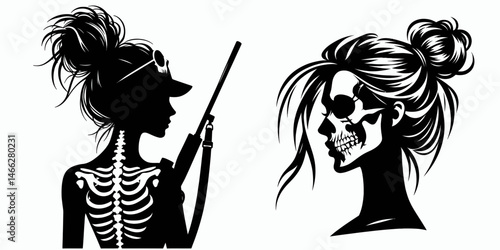 Female Skeleton with Messy Bun Hunter. Clipart silhouette vector illustration. Womans bony form wild updo huntress spooky halloween theme dead stalker.