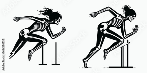 Female Skeleton with Messy Bun Hurdler. Clipart silhouette vector illustration. Woman bones untidy chignon leaping form sporting event.