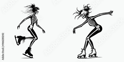 Female Skeleton with Messy Bun Ice Skating. Clipart silhouette vector illustration. Womans bony frame untidy topknot figure skating on frozen pond.