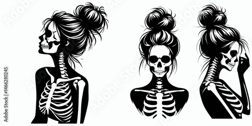 Female Skeleton with Messy Bun Influencer. Clipart silhouette vector illustration. Lady bones topknot blogger mortal coil online presence trendsetter.