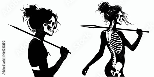 Female Skeleton with Messy Bun Javelin Thrower. Clipart silhouette vector illustration. Skeletal woman athlete launching arrow disheveled hairdo cadaver.