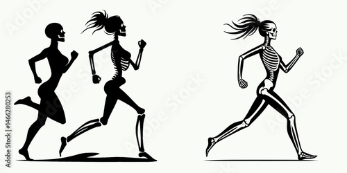 Female Skeleton with Messy Bun Jogging. Clipart silhouette vector illustration. Woman bony form untidy topknot running exercise wellbeing cardio.