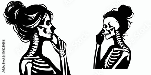 Female Skeleton with Messy Bun Judge. Clipart silhouette vector illustration. Lady skull untidy topknot referee fairness jurisprudence icon.