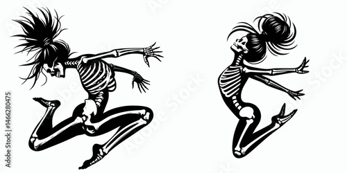 Female Skeleton with Messy Bun Jumping. Clipart silhouette vector illustration. Woman bone frame figure in air disheveled coiled hair knot animation.