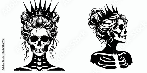 Female Skeleton with Messy Bun King. Clipart silhouette vector illustration. Womans bony structure disheveled chignon and regal ruler adornment.