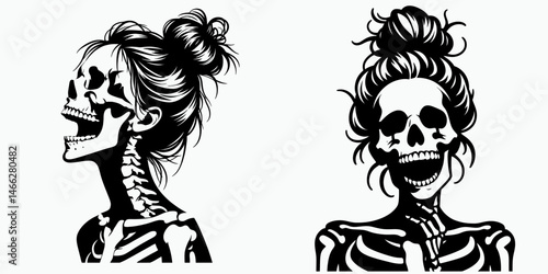 Female Skeleton with Messy Bun Laughing. Clipart silhouette vector illustration. Woman skull having a giggle disheveled hairdo cheerful bone structure.