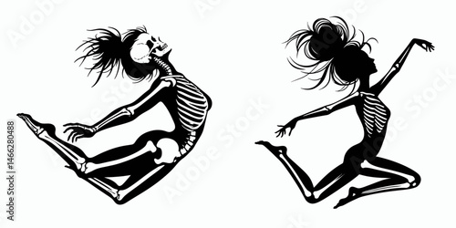 Female Skeleton with Messy Bun Long Jump. Clipart silhouette vector illustration. Woman skeletal disheveled coil high leap anatomical dead jumper.