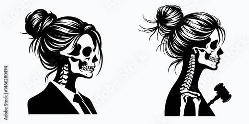 Female Skeleton with Messy Bun Lawyer. Clipart silhouette vector illustration. Skull lady attorney untidy chignon legal profession and death motif.