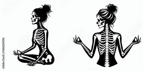 Female Skeleton with Messy Bun Meditating. Clipart silhouette vector illustration. Bony woman undone coiffure in zen position eerie quiet reflection.