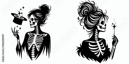 Female Skeleton with Messy Bun Magician. Clipart silhouette vector illustration. Undead sorceress figure hairdo arcane arts bone anatomy.