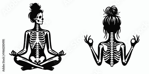 Female Skeleton with Messy Bun Meditation. Clipart silhouette vector illustration. Feminine bony figure sporting updo contemplating mindfulness practice pose.