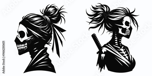 Female Skeleton with Messy Bun Ninja. Clipart silhouette vector illustration. Woman skeletal warrior untidy hairdo occult martial arts persona.