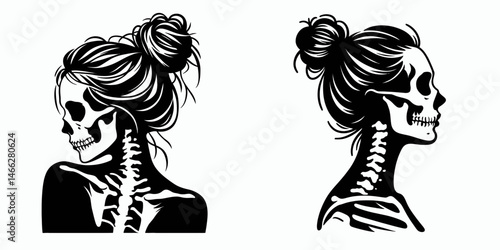 Female Skeleton with Messy Bun Poet. Clipart silhouette vector illustration. Bony woman disarrayed coiffure an undead versifier crafting lyric verse.