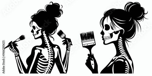 Female Skeleton with Messy Bun Painter. Clipart silhouette vector illustration. Womans bony figure hairstyle artistic creator painting artwork.