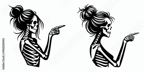 Female Skeleton with Messy Bun Pointing. Clipart silhouette vector illustration. Womans skull untidy chignon gesturing skeletal figure direct attention.