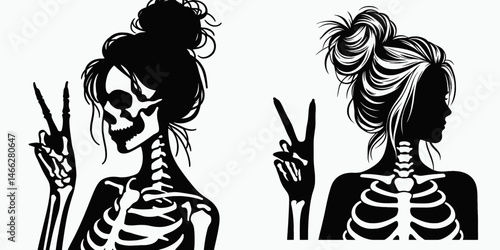 Female Skeleton with Messy Bun Peace Sign. Clipart silhouette vector illustration. Womans bony figure casual updo showing symbol of harmony artwork.