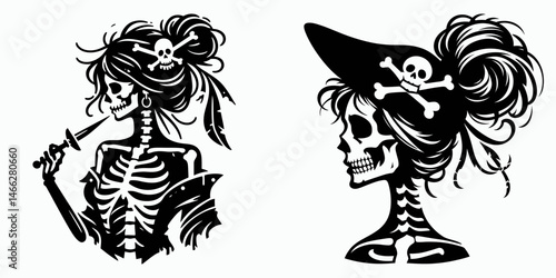 Female Skeleton with Messy Bun Pirate. Clipart silhouette vector illustration. Woman bone figure in buccaneer attire untidy knot hairdo maritime rogue.
