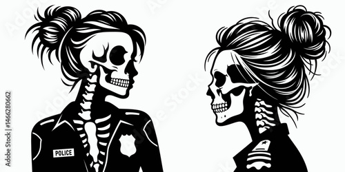 Female Skeleton with Messy Bun Police. Clipart silhouette vector illustration. Feminine bony figure having untidy coil law enforcement officer patrolwoman.