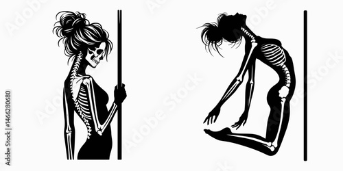 Female Skeleton with Messy Bun Pole Vaulter. Clipart silhouette vector illustration. Woman bony figure disheveled hairstyle jumping athletics using long stick.
