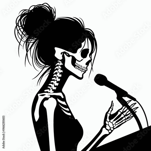 Female Skeleton with Messy Bun Presenter. Clipart silhouette vector illustration. Bony woman character untidy hairdo delivering a lecture on topic.
