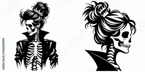 Female Skeleton with Messy Bun Prince. Clipart silhouette vector illustration. Lady skull untidy chignon plus crowned sovereign figure.