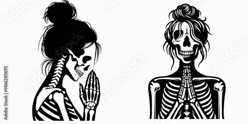 Female Skeleton with Messy Bun Praying. Clipart silhouette vector illustration. Woman bone figure in untidy chignon offering worship spirituality concept.