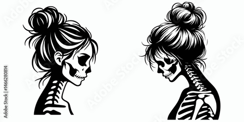 Female Skeleton with Messy Bun Sad. Clipart silhouette vector illustration. Bony woman untidy hairstyle crestfallen grieving anatomy concept.