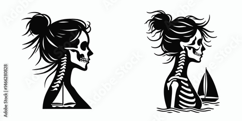 Female Skeleton with Messy Bun Sailing. Clipart silhouette vector illustration. Bony woman mariner disheveled hairdo aboard ocean vessel adventure.