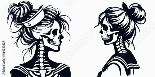 Female Skeleton with Messy Bun Sailor. Clipart silhouette vector illustration. Woman bone structure unkempt knot hairstyle naval worker theme.