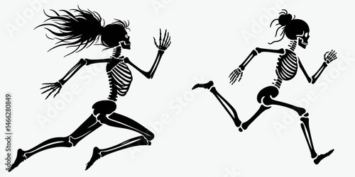 Female Skeleton with Messy Bun Running. Clipart silhouette vector illustration. Bony woman chignon sprinting a spooky undead jogger concept.