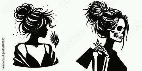 Female Skeleton with Messy Bun Salesperson. Clipart silhouette vector illustration. Bony woman worker untidy topknot marketing skeletal system diagram.