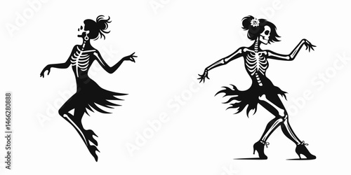 Female Skeleton with Messy Bun Salsa Dancing. Clipart silhouette vector illustration. Lady cranium in untidy knot romping to latin rhythm bone animation.